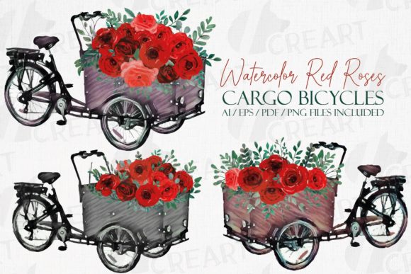 Red Roses Floral Cargo Bicycles Decor Graphics & Print Templates