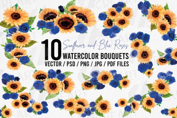 Sunflower and Blue Roses Floral Bouquets Graphics