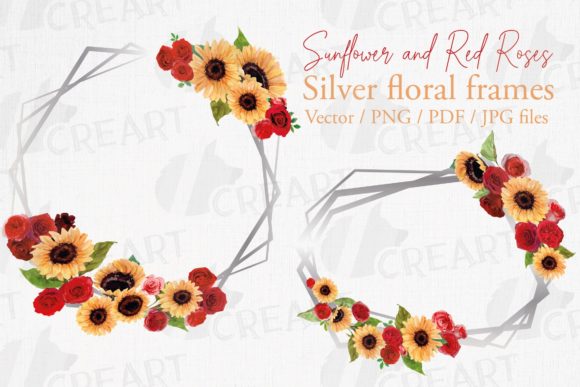 Sunflower and Red Roses Silver Frames Graphics