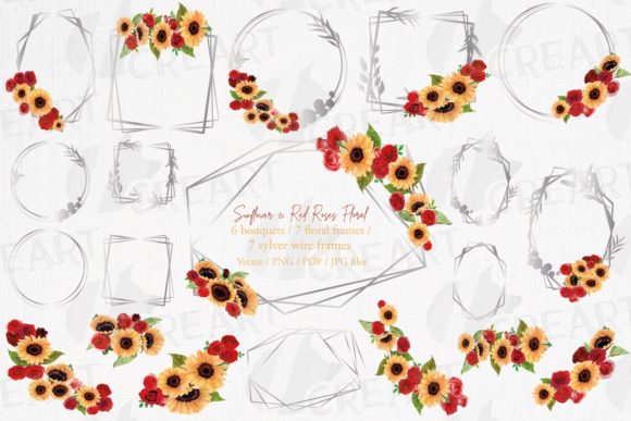 Sunflowers Red Rose Silver Floral Frames: Graphics & Print Templates