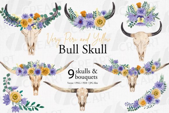 Very Peri and Yellow Floral Bull Skulls Graphics