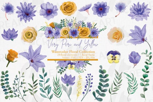 Very Peri and Yellow Flowers, Leaves Art
